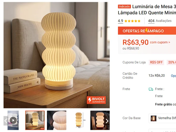 Captura de anúncio de luminária decorativa impressa em 3D