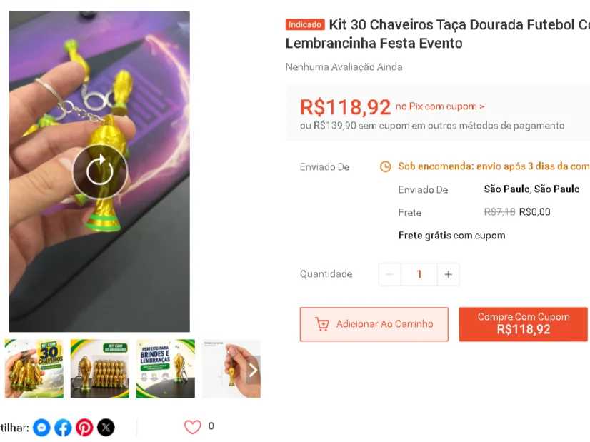 Captura de anúncio de chaveiros 3D em marketplace